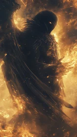 Infernal winged sentinel emerging from cascading golden fire.
