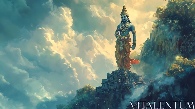 Colossal blue deity towering above misty cliffside temple