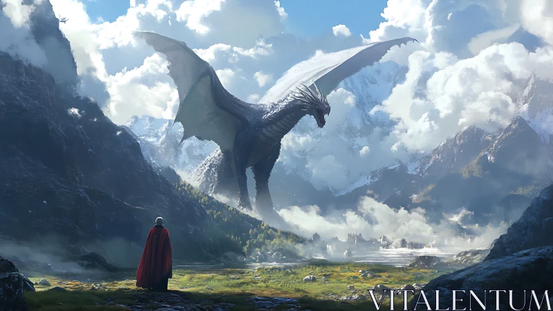 Skyborn dragon greets lone wanderer in vast alpine valley.