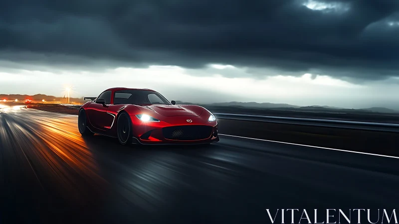 Scarlet supercar races through stormy twilight highway