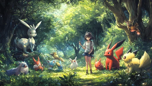 Trainer with elemental creatures in sunlit anime forest clearing