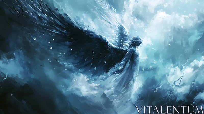 Stormborn angel drifts between shadowed sky and light.