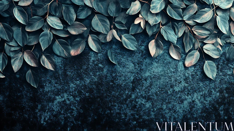 Teal botanical foliage border over textured dark surface.