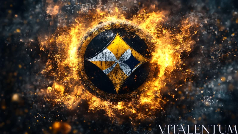 Circular metal emblem engulfed in vivid digital flames.