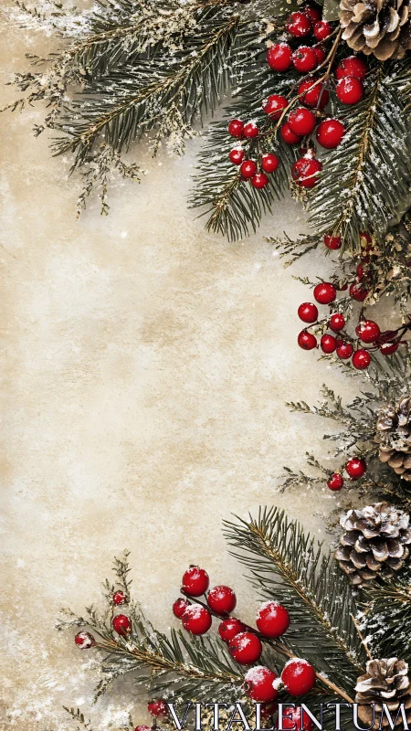 Pine branches, berries and cones on beige winter background.