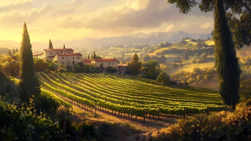 Sunlit Tuscan vineyard drapes rolling hills in golden harmony.