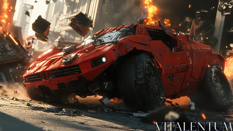 Rogue crimson warcar skids through a storm of burning steel.