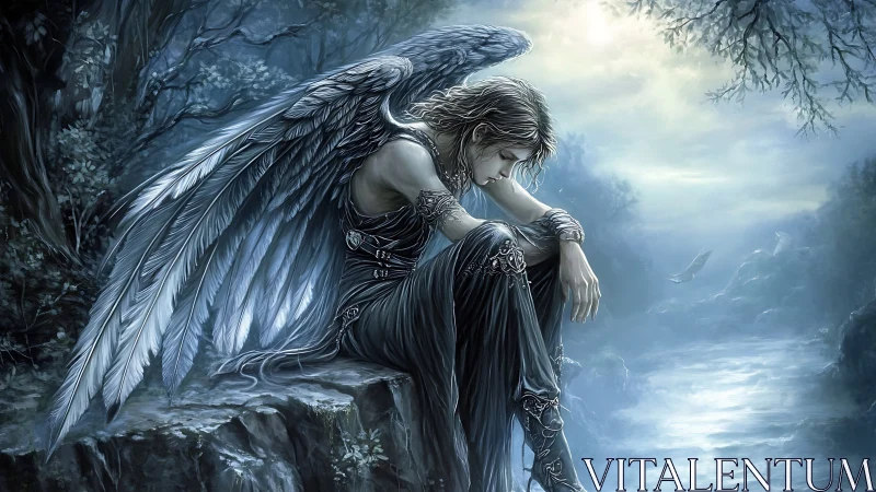 Melancholic angel rests by a misty river in moonlit forest