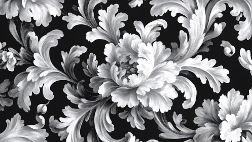 Monochrome floral scroll pattern on dark contrasting ground.
