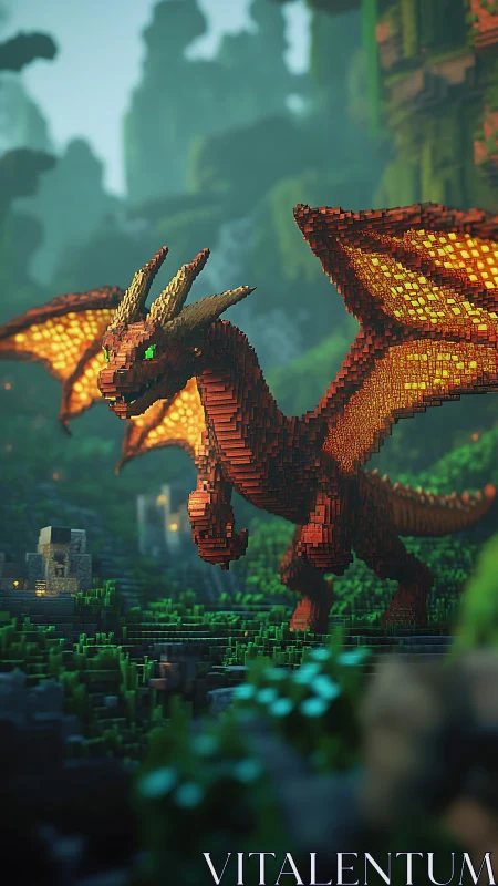Pixelated fire dragon strides through lush voxel forest.