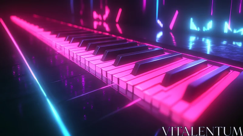 Neon piano keys glowing in futuristic synthwave lightscape.