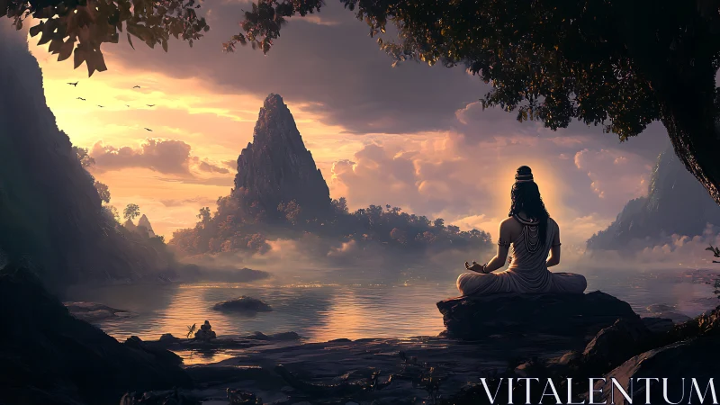 Tranquil mountain lake welcomes a serene sunset meditation