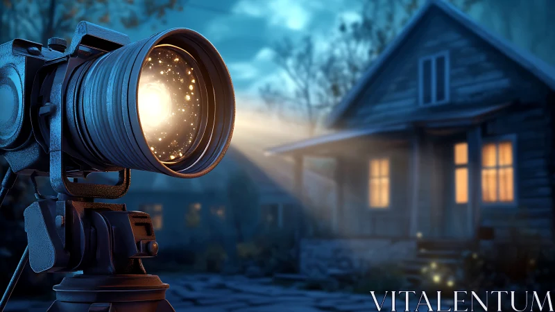 Camera lens casting starlit glow toward a cozy night cabin.