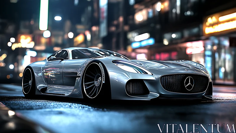 Futuristic silver supercar glides through neon city night streets