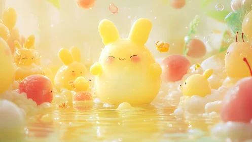 Sunny jelly bunnies glow inside luminous pastel lagoon.