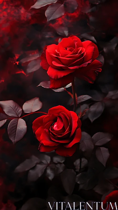Vivid red roses against dark moody foliage.