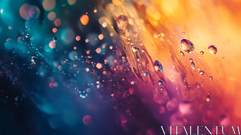 Iridescent macro droplets over teal to amber bokeh field.