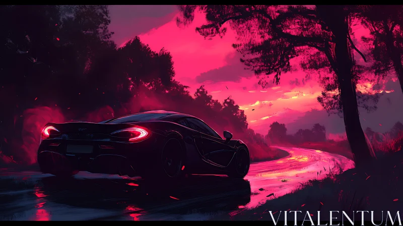 Sports car on wet forest road under saturated pink sky.