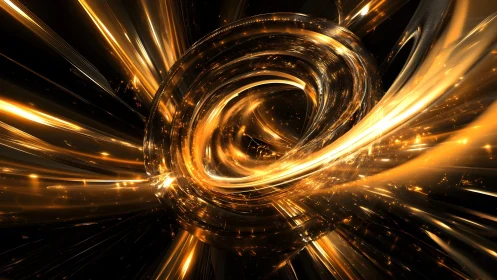 Abstract golden vortex with glowing light streaks, digital art style.