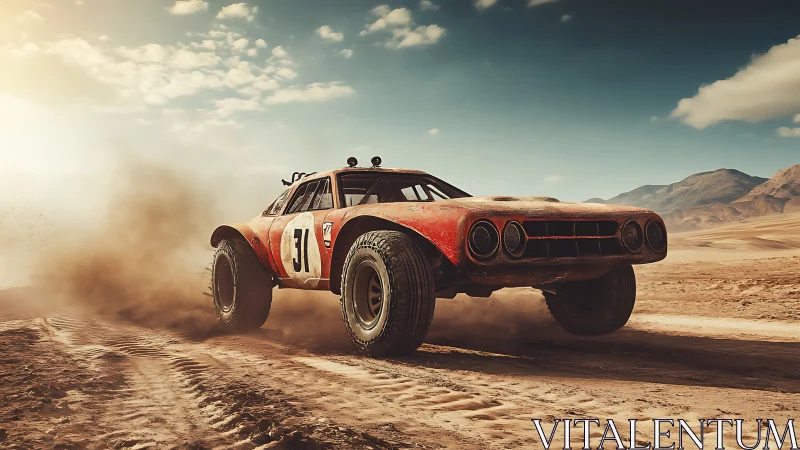 Photorealistic desert rally car in dynamic dust trail composition.