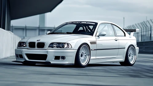 Sleek white track car waiting patiently for its next thrilling run.