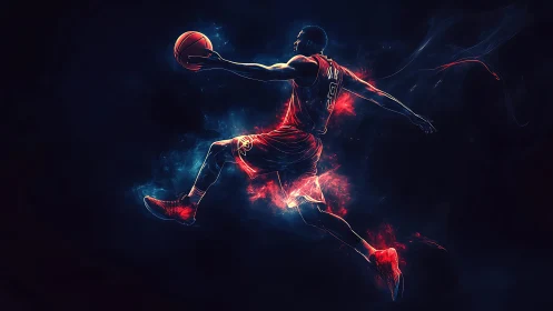 Electric basketball dunker soars through glowing neon night