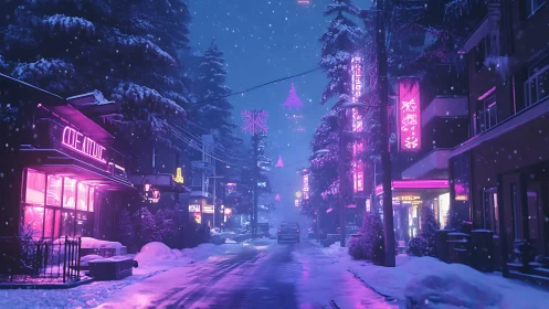 Cyberpunk winter street with neon signage and urban depth mapping.