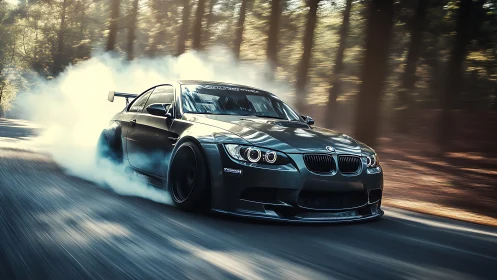 Modified BMW coupe drifting through forest road corner.