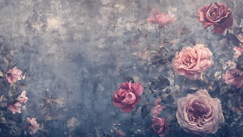 Faded vintage roses spread over textured blue painted backdrop