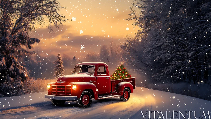 Vintage red pickup illuminates snowy forest road at dusk