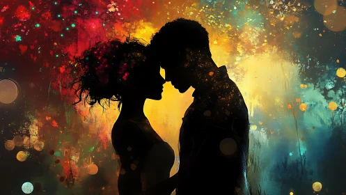 Silhouetted Kiss Beneath Luminous Fireworks