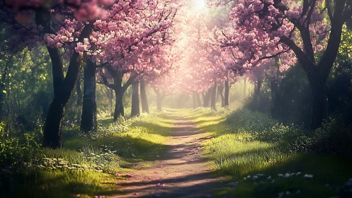 Canopied pathway with blooming tree avenue and sunlight