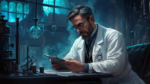 Scientist reads documents in a dim, blue lit laboratory