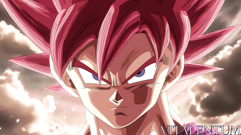 Scarlet‑haired warrior carves focus from stormlit clouds