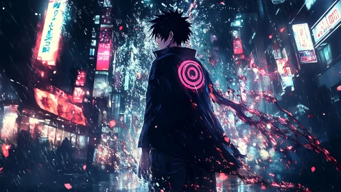 Lone cyberpunk figure walks through neon soaked city rain.