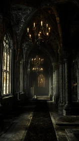 Gothic cathedral aisle glows softly under candlelit chandeliers