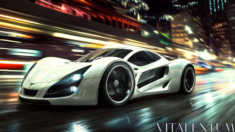 Futuristic white hypercar under neon city lights at speed