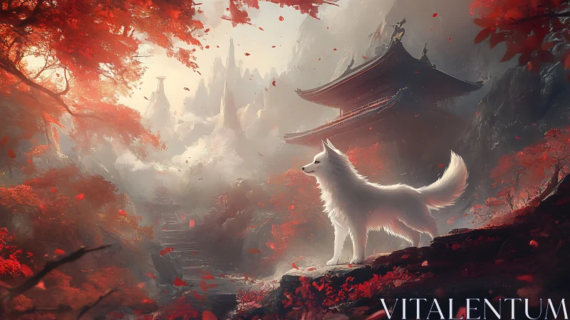 Mystic white fox stands guard in a crimson autumn temple realm