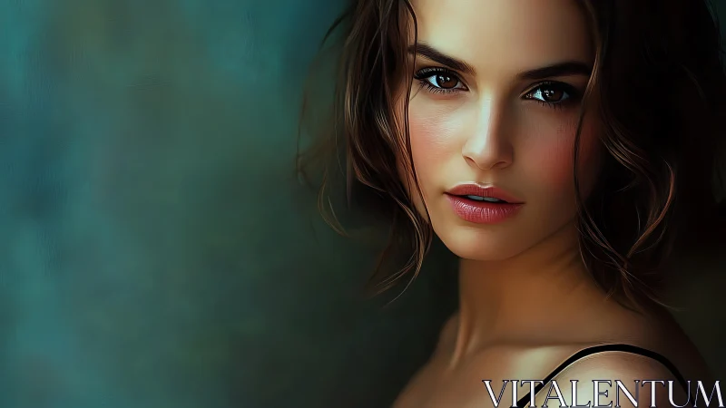 Digital portrait close-up of woman on teal backdrop.