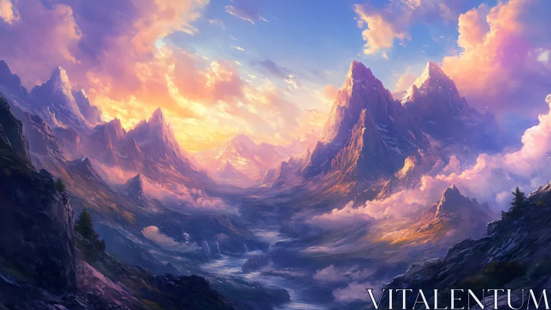 Digital painting of luminous fantasy mountain vista at sunrise.