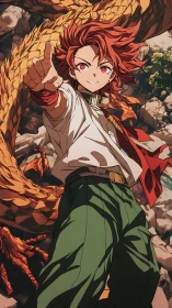 Fiery red haired hero reaching forward with a golden dragon.