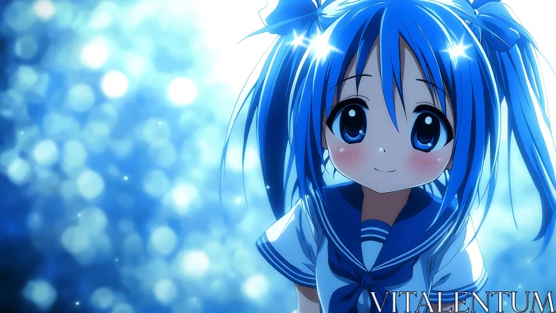 Bright blue haired anime schoolgirl smiles in dreamy light