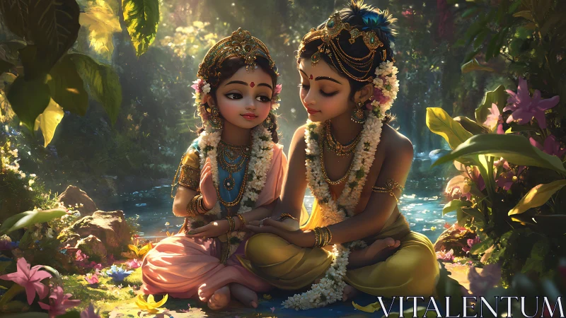 Gentle riverbank moment with divine children in blossom light.