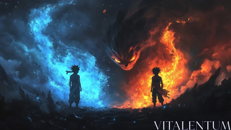 Silhouetted figures amid opposing blue and orange elemental fire.
