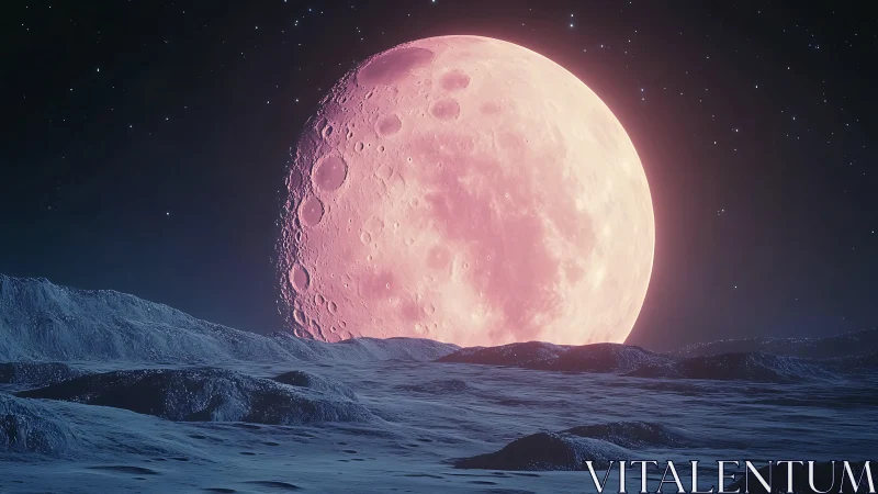 Pink supermoon rising over frosty alien landscape.