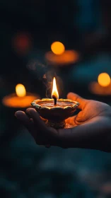 Handheld oil lamp flame in soft bokeh evening ambience.
