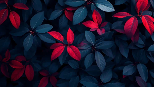 Red and blue-toned foliage is arranged in dense overlapping layers