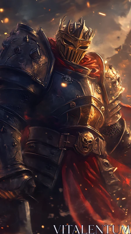 Firelit armored warlord wrapped in crimson legend.