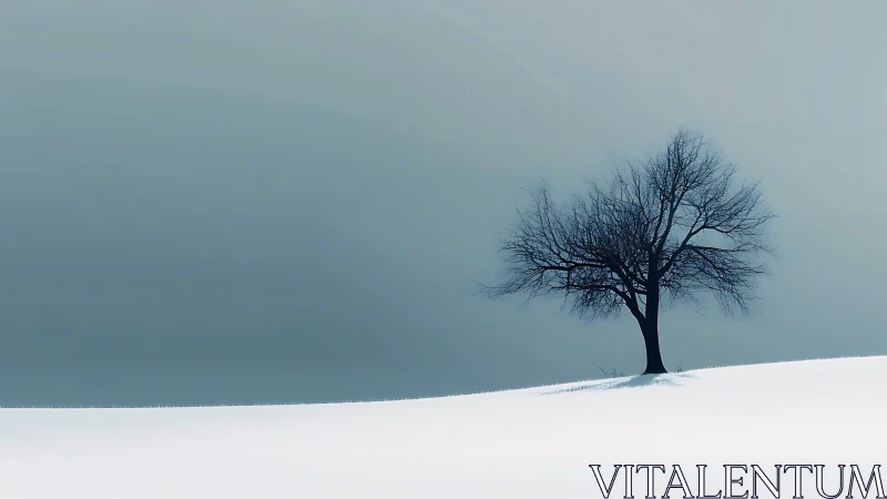 Leafless tree on snow-covered slope under grey sky.