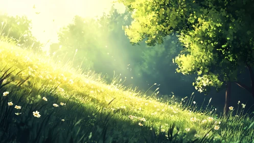 Sunlit grassy slope with flowers beneath dense green tree.